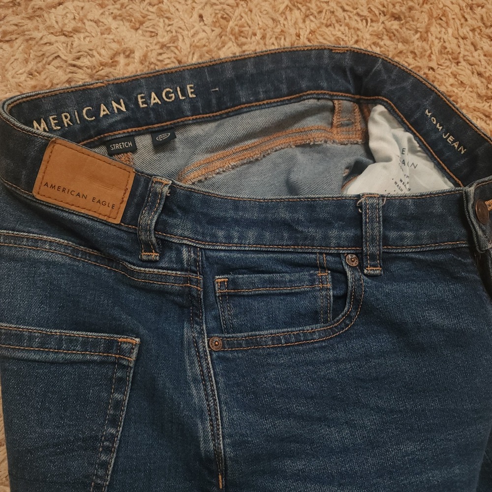 American Eagle Mom Jean Women 8‎ Long Blue Stretch High Rise Medium Wash Denim